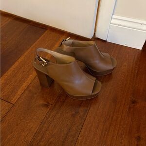 Michael Kors Tan Leather Peep-Toe Heeled Platform Sandals